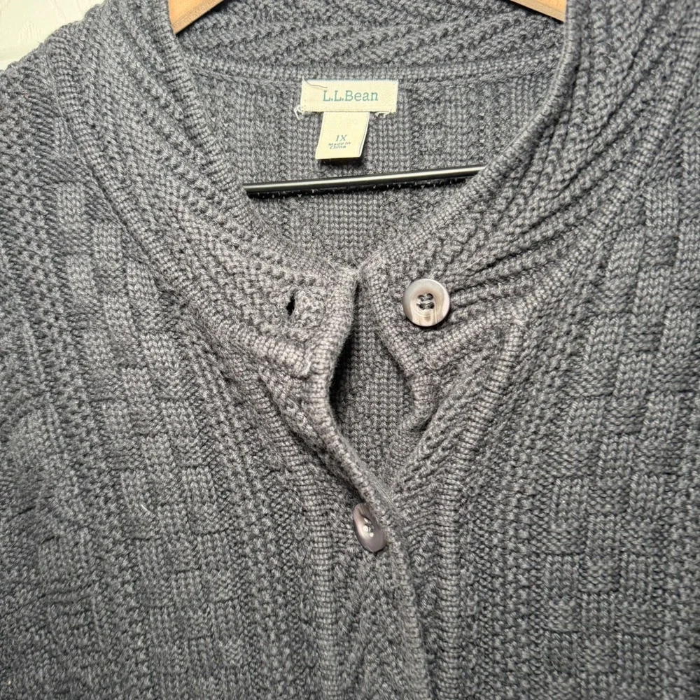 LL Bean Cardigan Sweater Womens 1X gray black Chunky CableKnit Fisherman Button